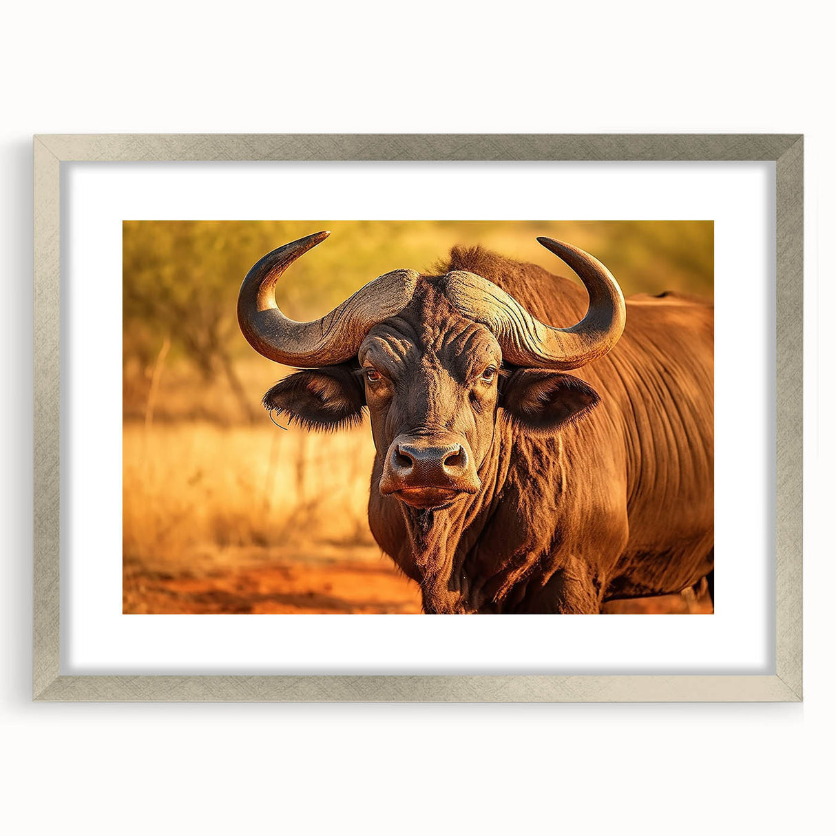 Framed wall art featuring a striking bison design with a silver mat, showcasing the beauty of wildlife in a modern decor setting, perfect for animal lovers.