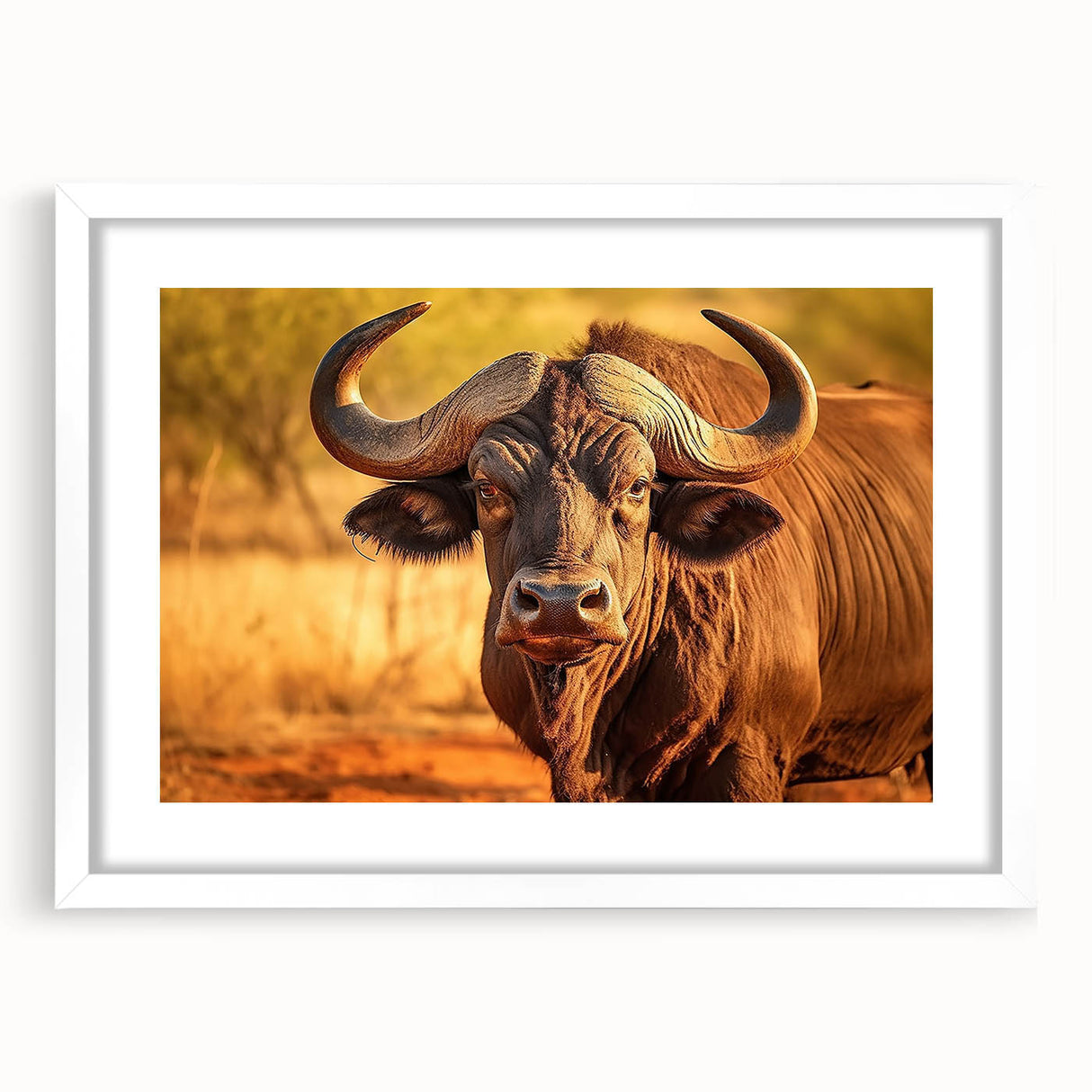 Framed wall art featuring a striking design of a buffalo, showcasing intricate details and textures, perfect for wildlife enthusiasts and home decor lovers. This piece is set against a clean white mat, enhancing its visual appeal in any interior space.