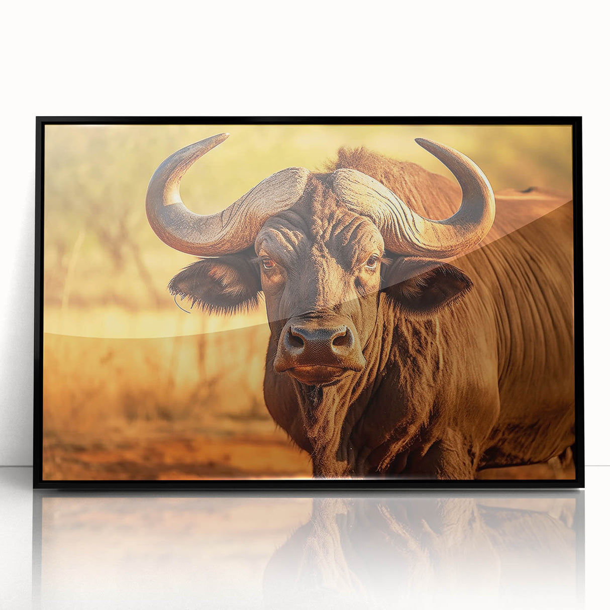 Framed acrylic wall art showcasing a detailed black and white design of a bison, set against a sleek black frame, ideal for wildlife enthusiasts and home decor.