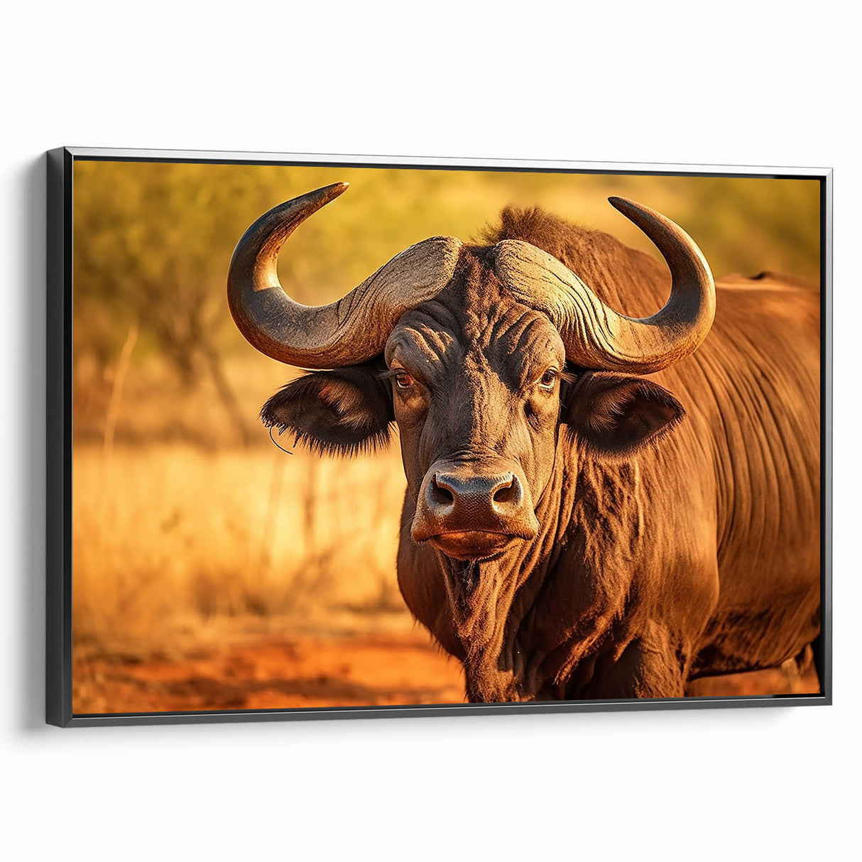 Framed canvas wall art depicting a striking side view of a buffalo, showcasing detailed textures and rich colors, perfect for wildlife-themed decor.