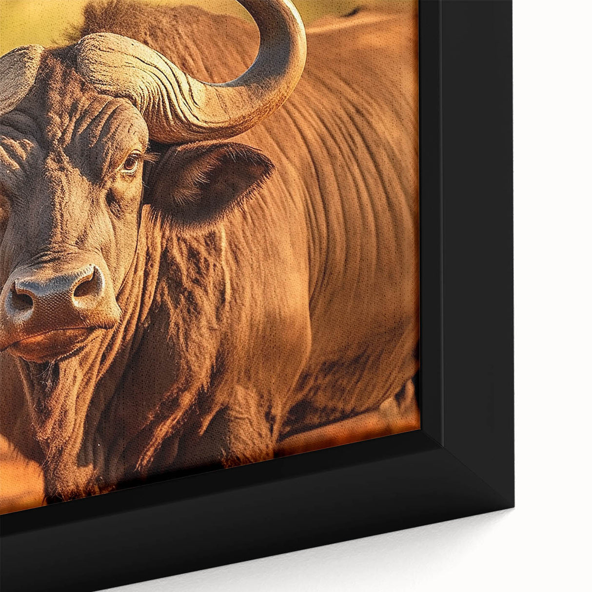 Close-up of a framed canvas wall art piece showcasing a majestic buffalo in a vibrant wildlife setting, highlighting intricate details and textures, perfect for animal lovers.