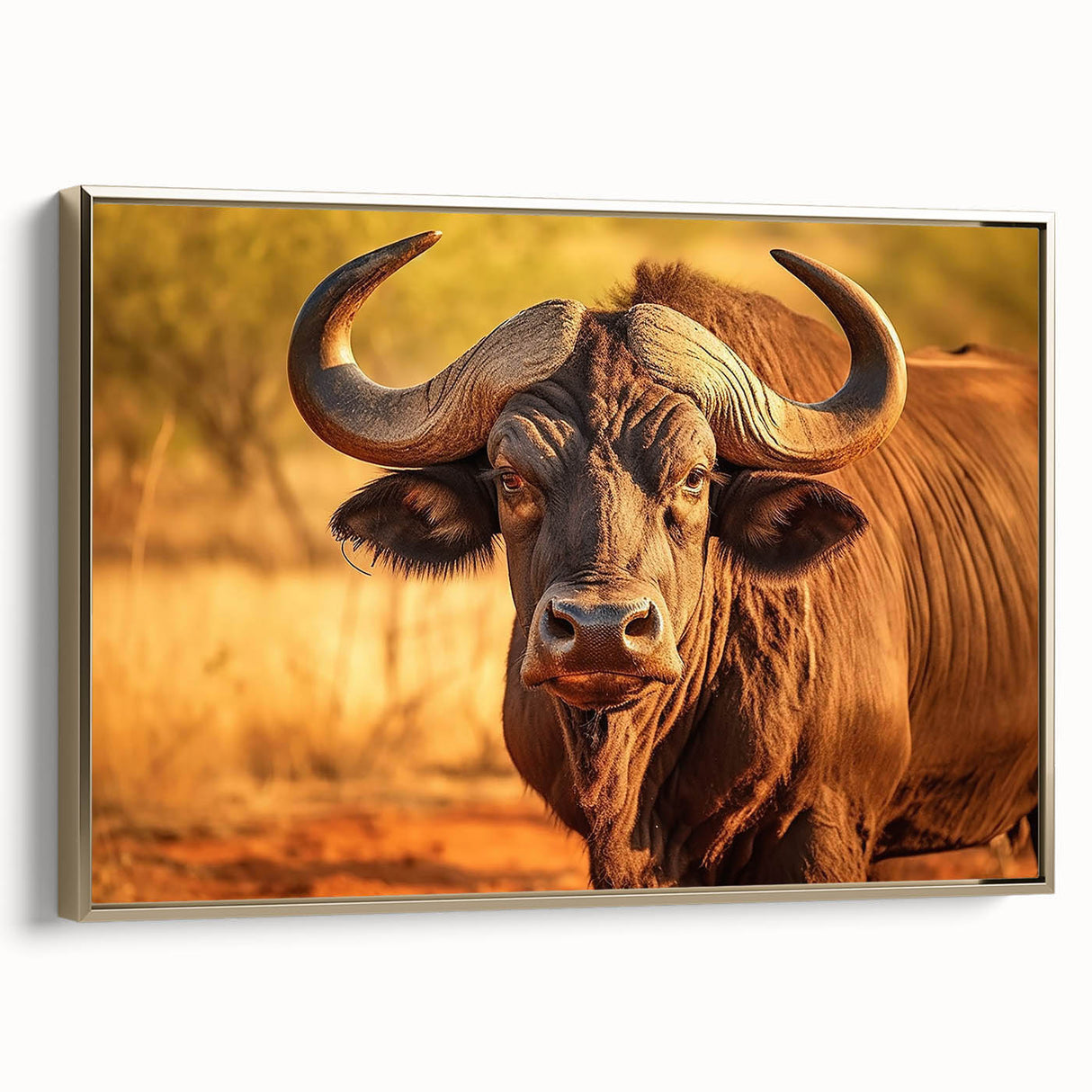 Framed wall art showcasing a side view of a majestic buffalo, designed with intricate details and a gold frame, perfect for wildlife enthusiasts and home decor.