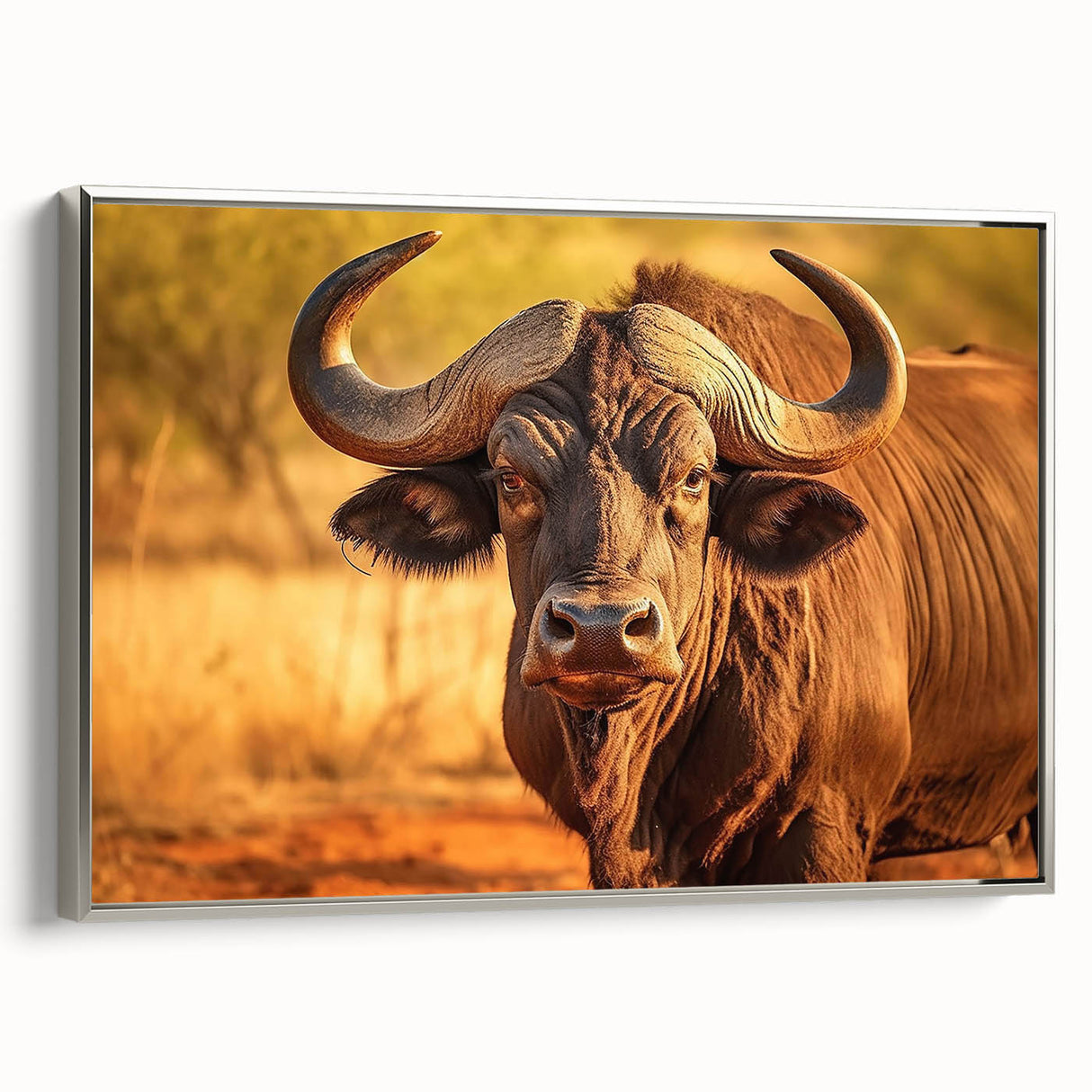 Framed canvas wall art showcasing a silver side view of a bison in a natural setting, perfect for wildlife enthusiasts and home decor. Ideal for enhancing any room's aesthetic with a touch of nature.