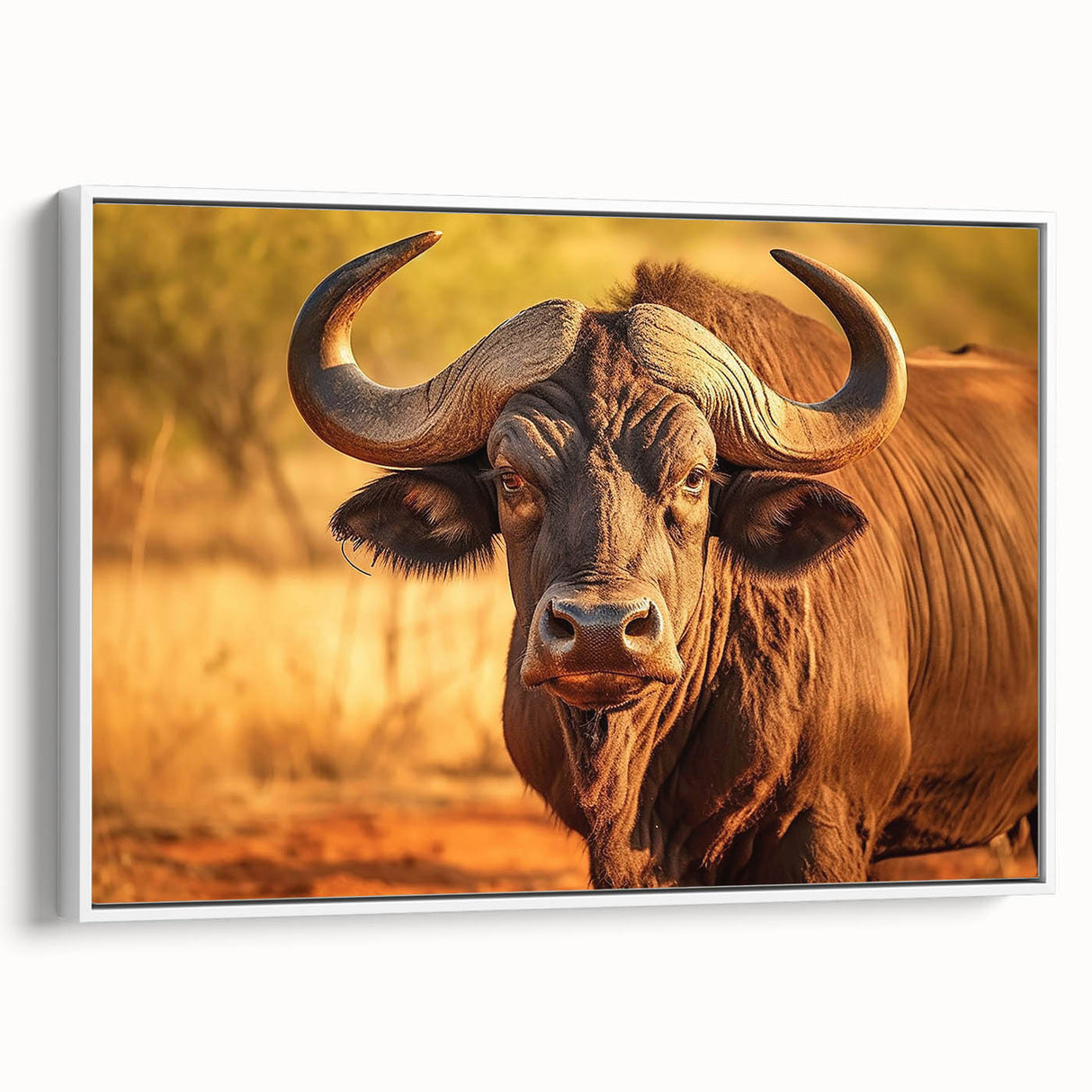Framed canvas wall art featuring a majestic buffalo design in a side view, showcasing intricate textures and earthy tones, perfect for wildlife enthusiasts.