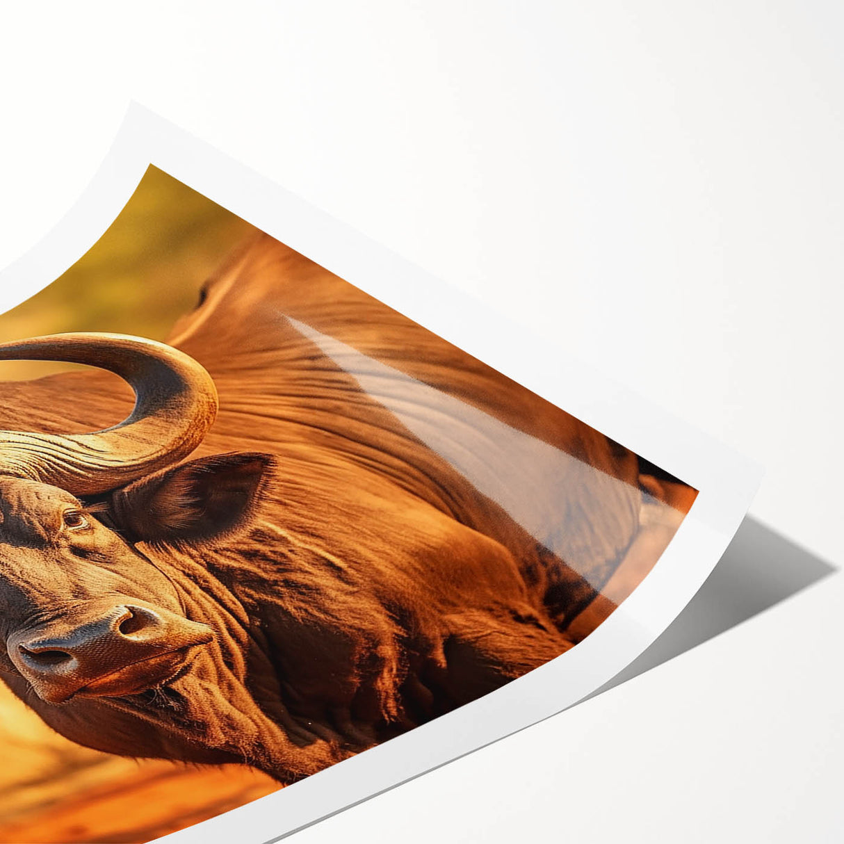 A rolled print of a bison design from the "Animals of the Wild" wall art collection, featuring a vibrant depiction of a buffalo in natural colors, ideal for home decor.