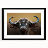 Framed wall art featuring a detailed black-and-white illustration of a buffalo, part of the Wildlife Bison design collection, showcasing elegant matting and a sleek black frame.