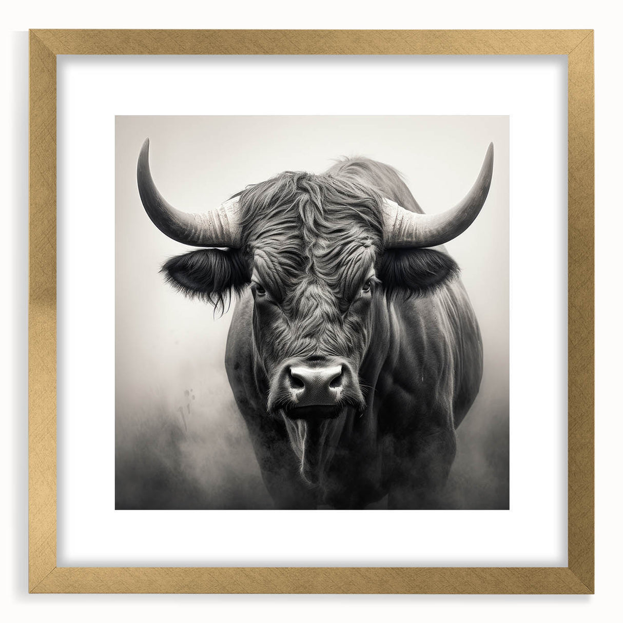 Buffalo wall art print showcasing a majestic bison design framed in gold with a mat, perfect for wildlife enthusiasts and modern decor. Ideal for enhancing home interiors.