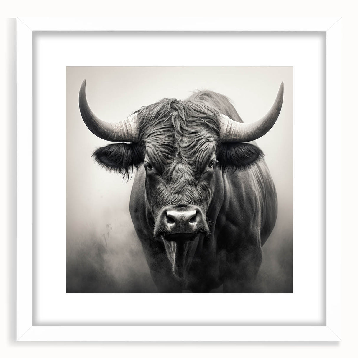 Framed wall art showcasing a majestic bison in a natural setting, featuring a white mat and sleek frame, perfect for wildlife enthusiasts and home decor.