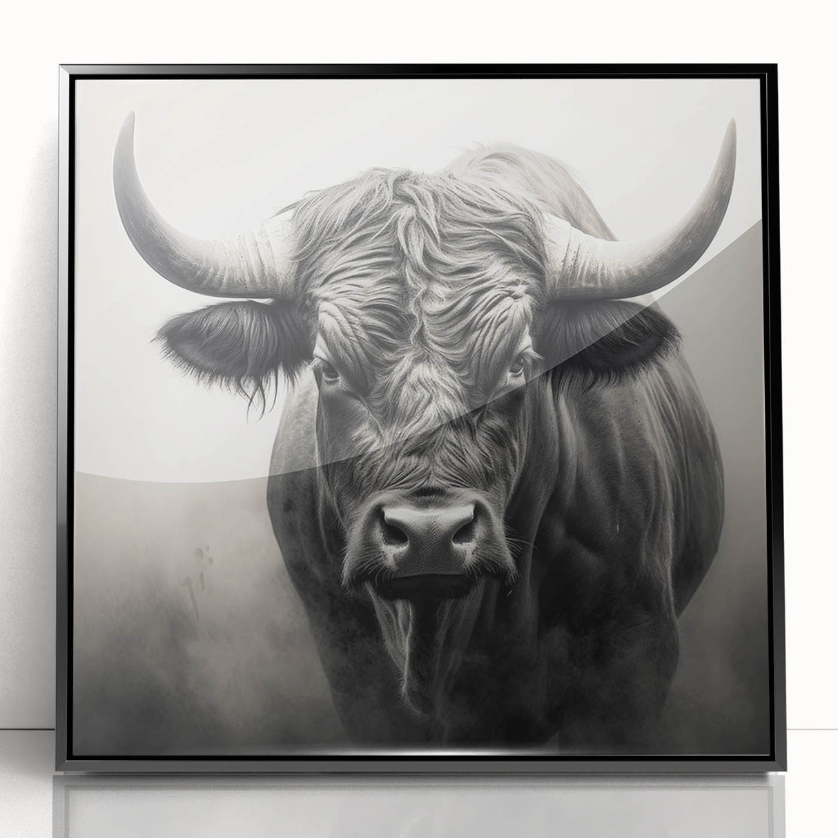 Framed acrylic wall art showcasing a striking black and white bison design, ideal for wildlife enthusiasts, set against a sleek black frame for modern decor.