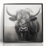 Framed acrylic wall art showcasing a striking black and white bison design, ideal for wildlife enthusiasts, set against a sleek black frame for modern decor.