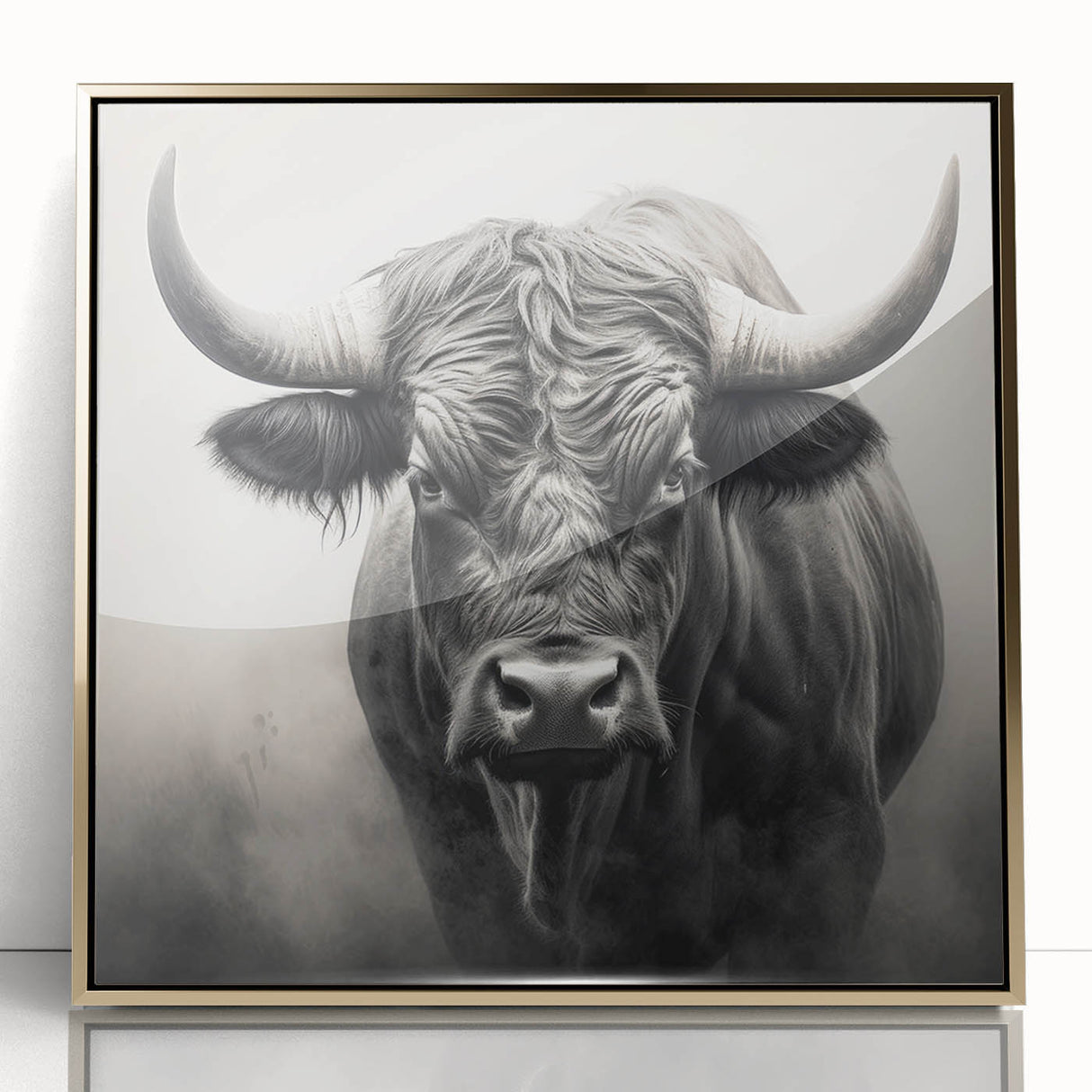Framed wall art featuring a detailed front view of a majestic buffalo, showcasing rich textures and vibrant colors, ideal for wildlife enthusiasts and home decor.