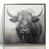 Framed wall art featuring a detailed front view of a majestic buffalo, showcasing rich textures and vibrant colors, ideal for wildlife enthusiasts and home decor.