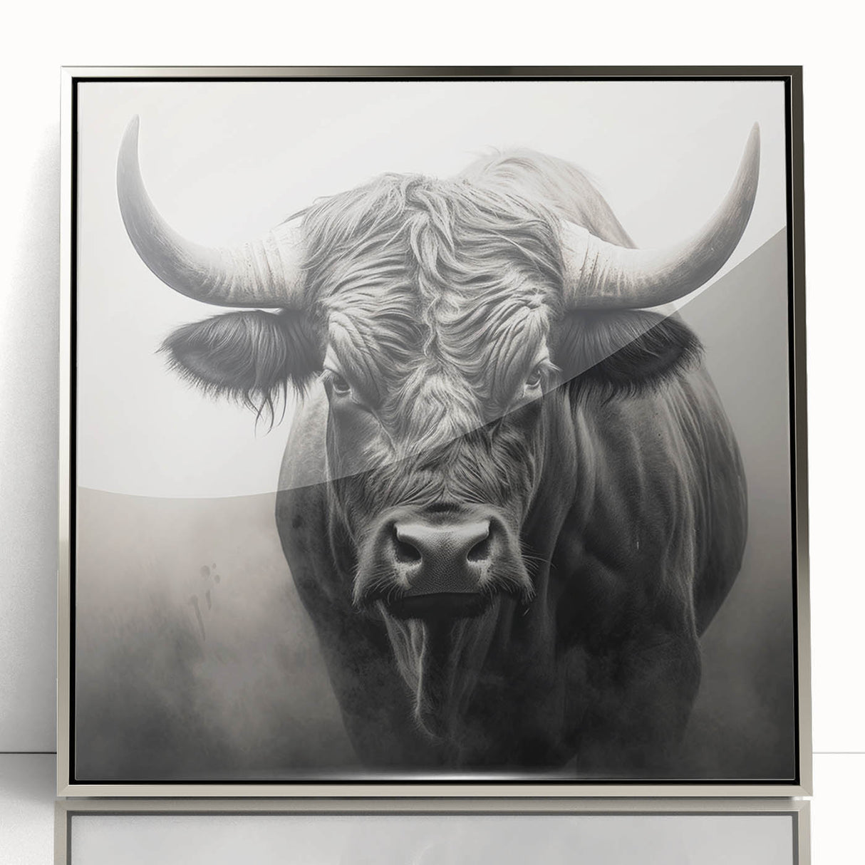 Framed acrylic wall art depicting a majestic buffalo, showcasing detailed textures and silver accents, perfect for wildlife enthusiasts and home decor.