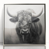 Framed acrylic wall art depicting a majestic buffalo, showcasing detailed textures and silver accents, perfect for wildlife enthusiasts and home decor.
