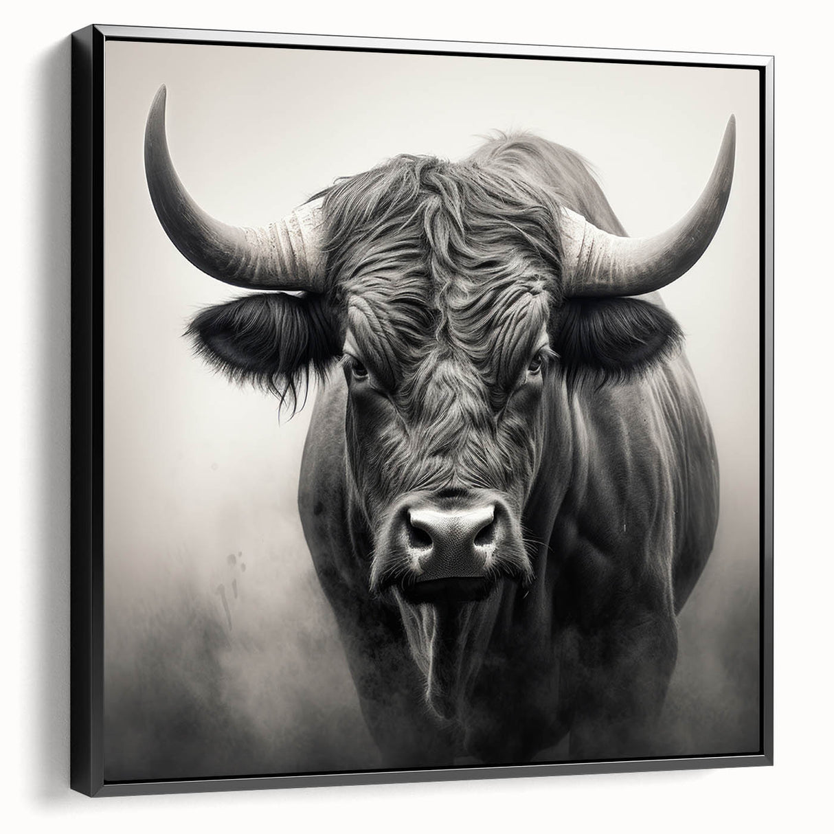 Framed wall art featuring a detailed side view of a black bison against a textured background, perfect for wildlife enthusiasts and modern decor.