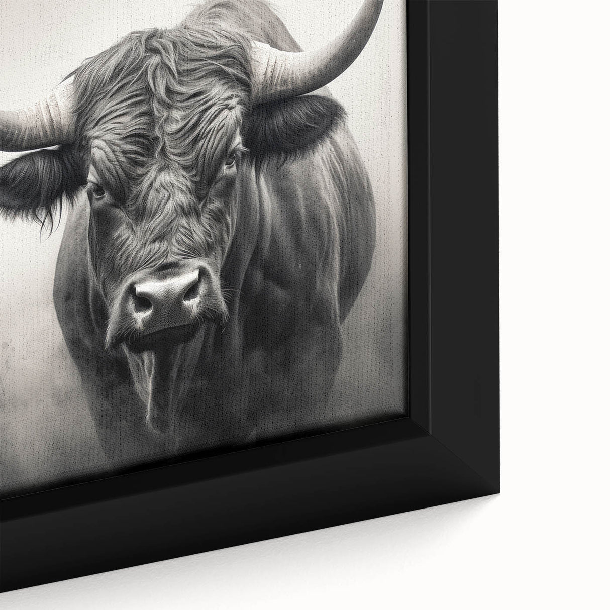 Close-up view of a framed canvas wall art featuring a majestic buffalo in a wild landscape, showcasing intricate details and vibrant colors, perfect for nature enthusiasts.