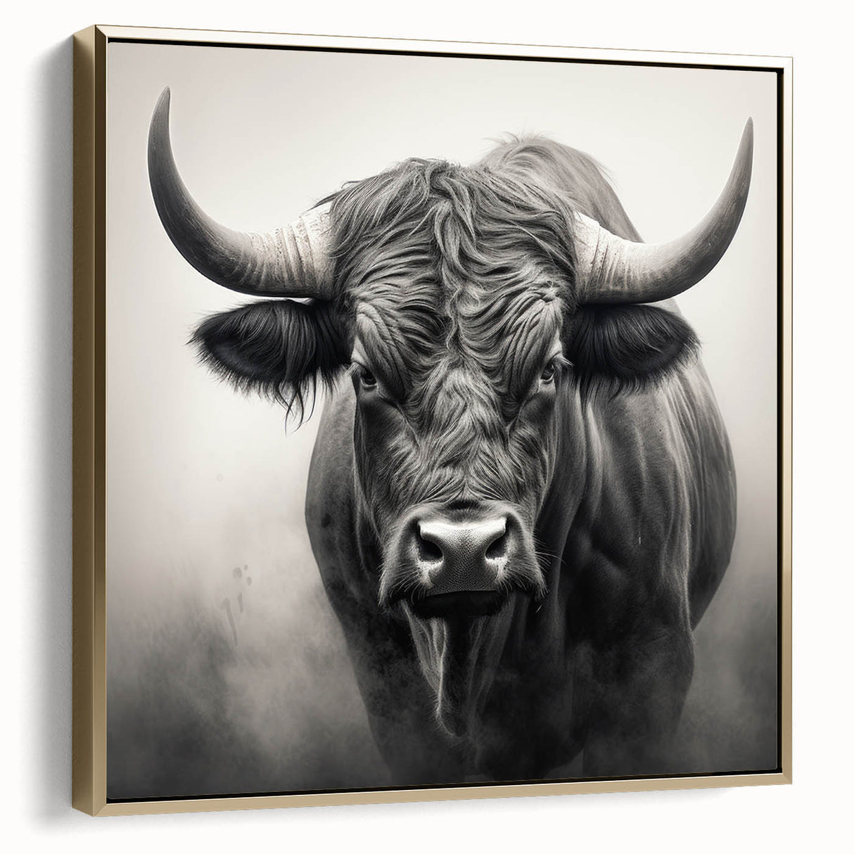 Framed canvas wall art featuring a side view of a majestic buffalo in a natural setting, accented with a gold frame, ideal for wildlife enthusiasts.