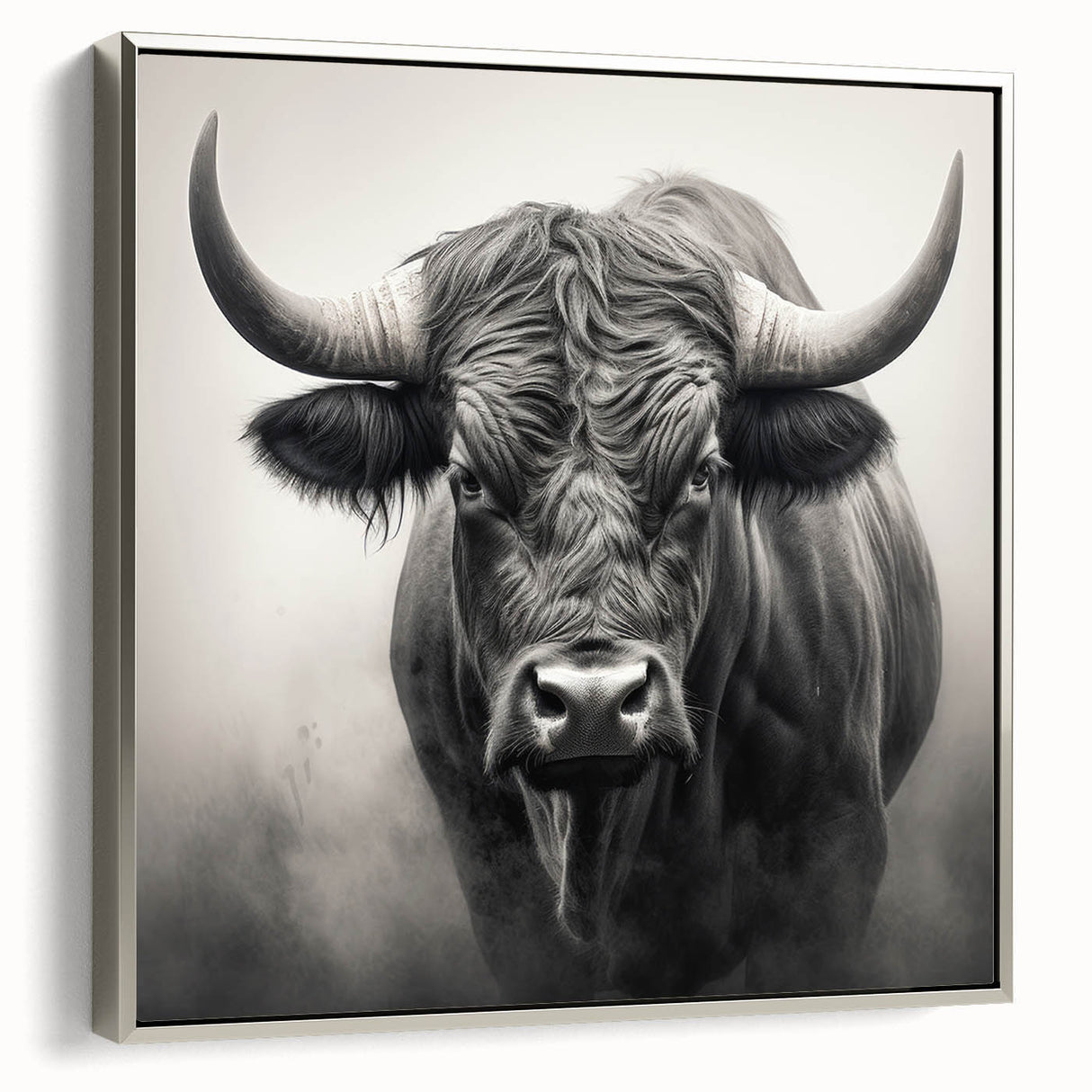 Framed canvas wall art showcasing a majestic buffalo in a silver frame, highlighting intricate details of its fur and powerful stance, perfect for wildlife decor.