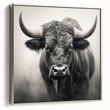 Framed canvas wall art showcasing a majestic buffalo in a silver frame, highlighting intricate details of its fur and powerful stance, perfect for wildlife decor.