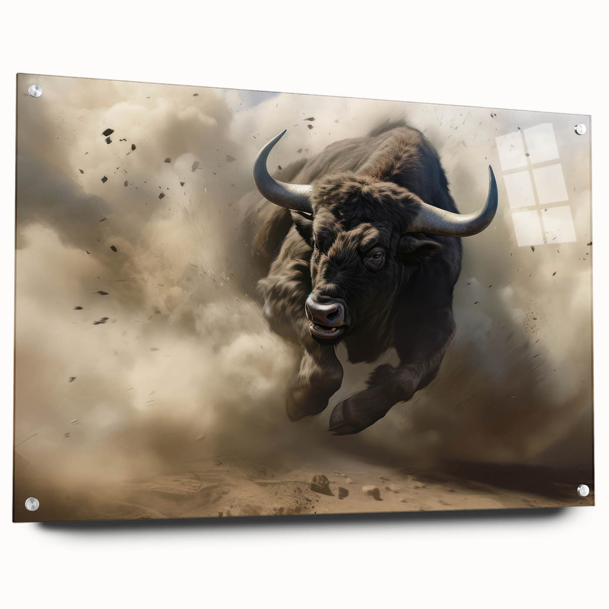 Side view of a buffalo wall art design, showcasing detailed acrylic glass with vibrant colors and artistic pins, perfect for wildlife-themed decor.