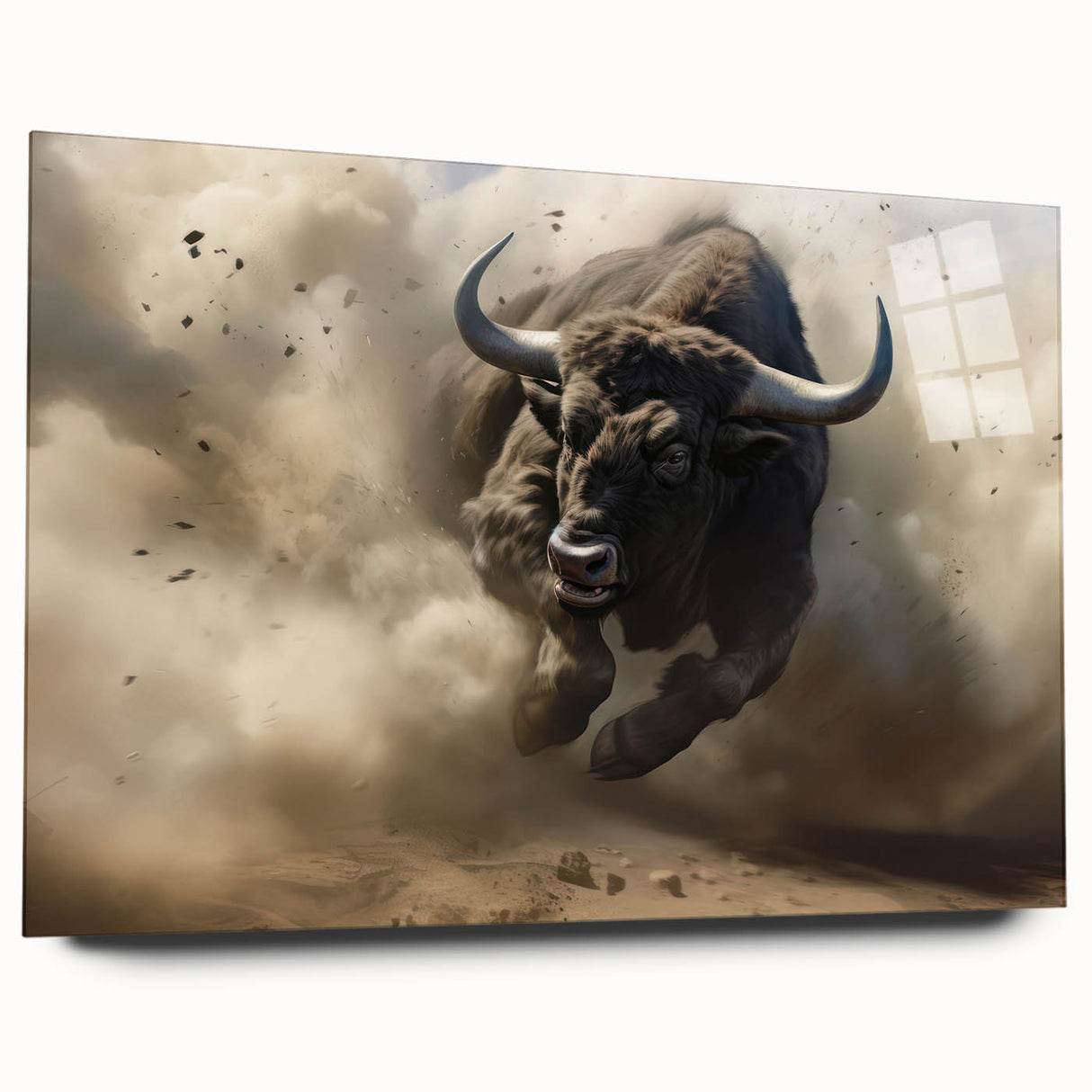 Side view of a contemporary acrylic wall art piece featuring a detailed design of a buffalo, showcasing vibrant colors and intricate textures, ideal for wildlife enthusiasts.