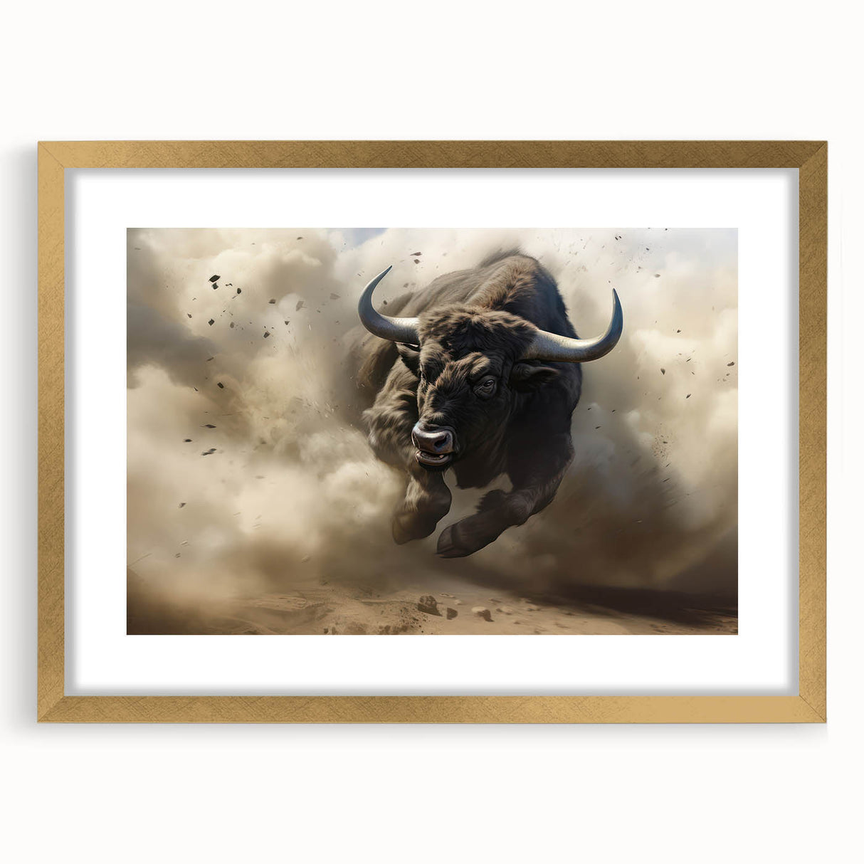 Framed wall art of a majestic buffalo design in a gold frame, featuring intricate details and a mat background, perfect for wildlife enthusiasts and home decor.