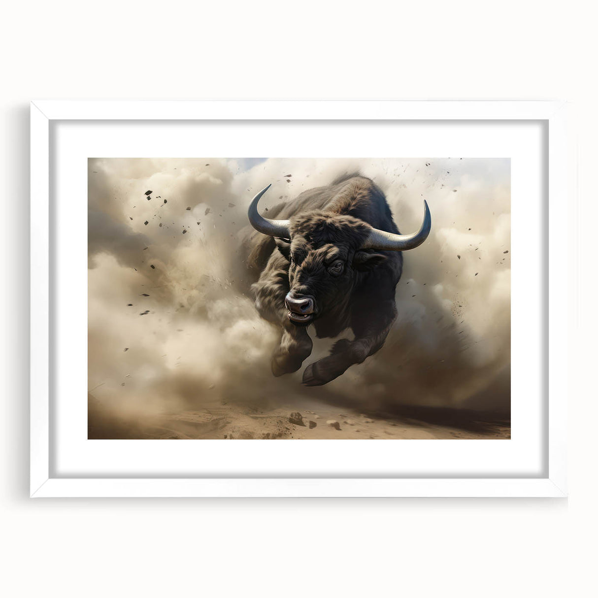 Framed wall art showcasing a majestic buffalo in a natural landscape, featuring a sleek white mat and modern design elements, perfect for wildlife enthusiasts and home decor.