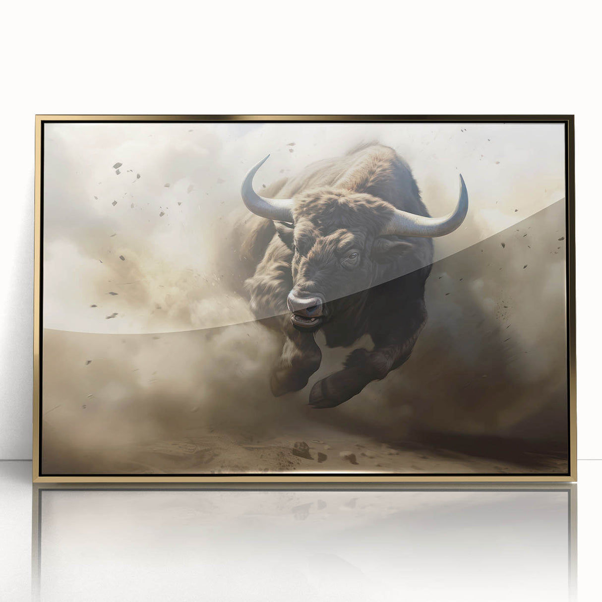 Framed wall art of a buffalo in a vibrant acrylic design, showcasing intricate details and a gold frame, perfect for animal lovers and home decor enthusiasts.