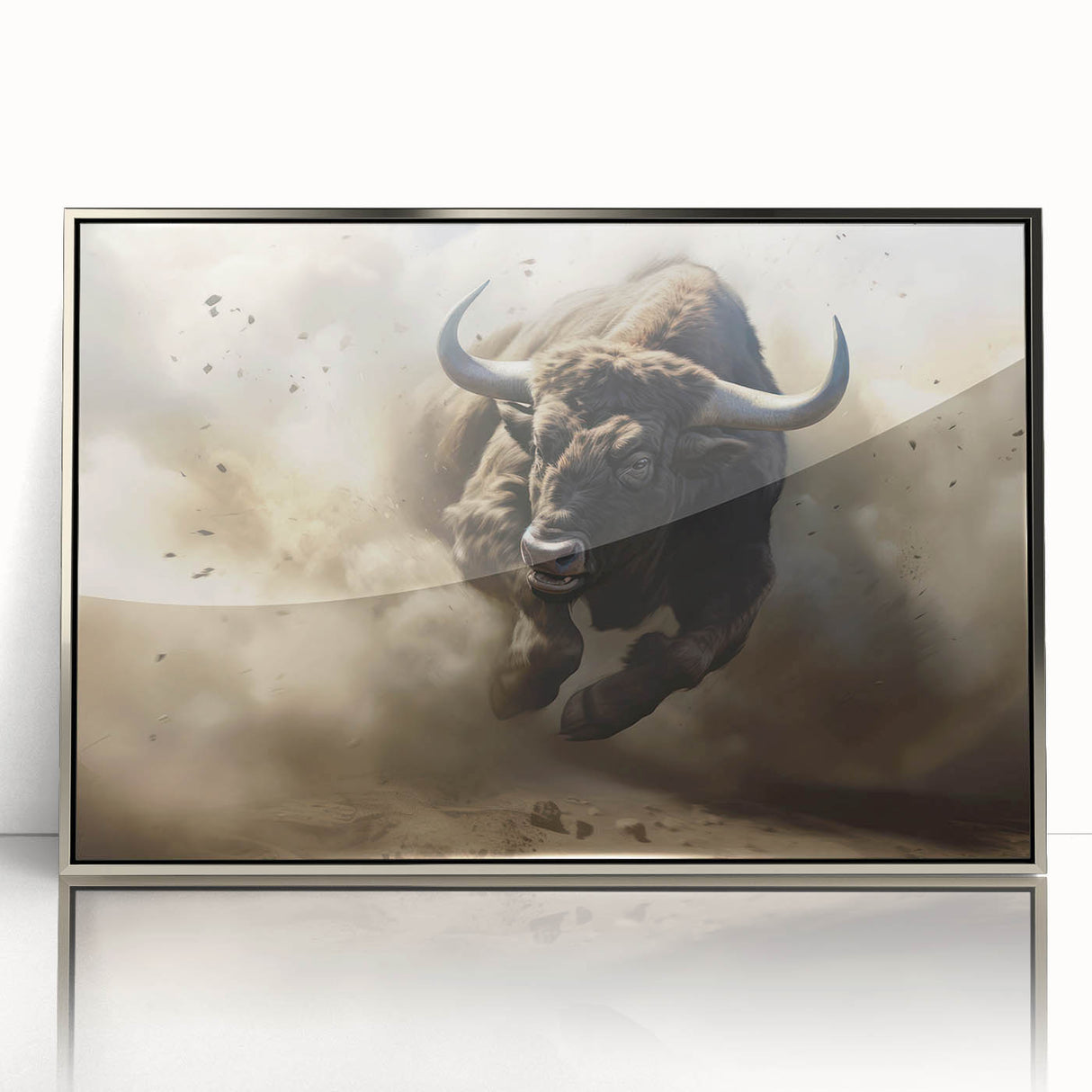 Framed wall art featuring a stunning silver-accented design of a buffalo, showcasing intricate details and vibrant colors, perfect for wildlife enthusiasts.