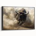 Framed canvas artwork showcasing a side view of a majestic buffalo, designed with intricate details and a black frame, perfect for wildlife-themed decor.