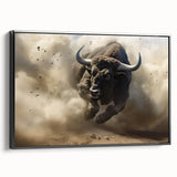 Framed canvas artwork showcasing a side view of a majestic buffalo, designed with intricate details and a black frame, perfect for wildlife-themed decor.