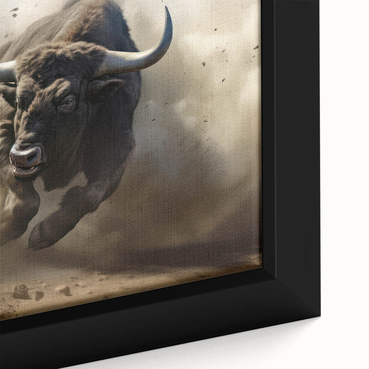 Close-up of a framed canvas wall art featuring a majestic buffalo in a natural setting, highlighting its intricate details and textures, ideal for wildlife enthusiasts.