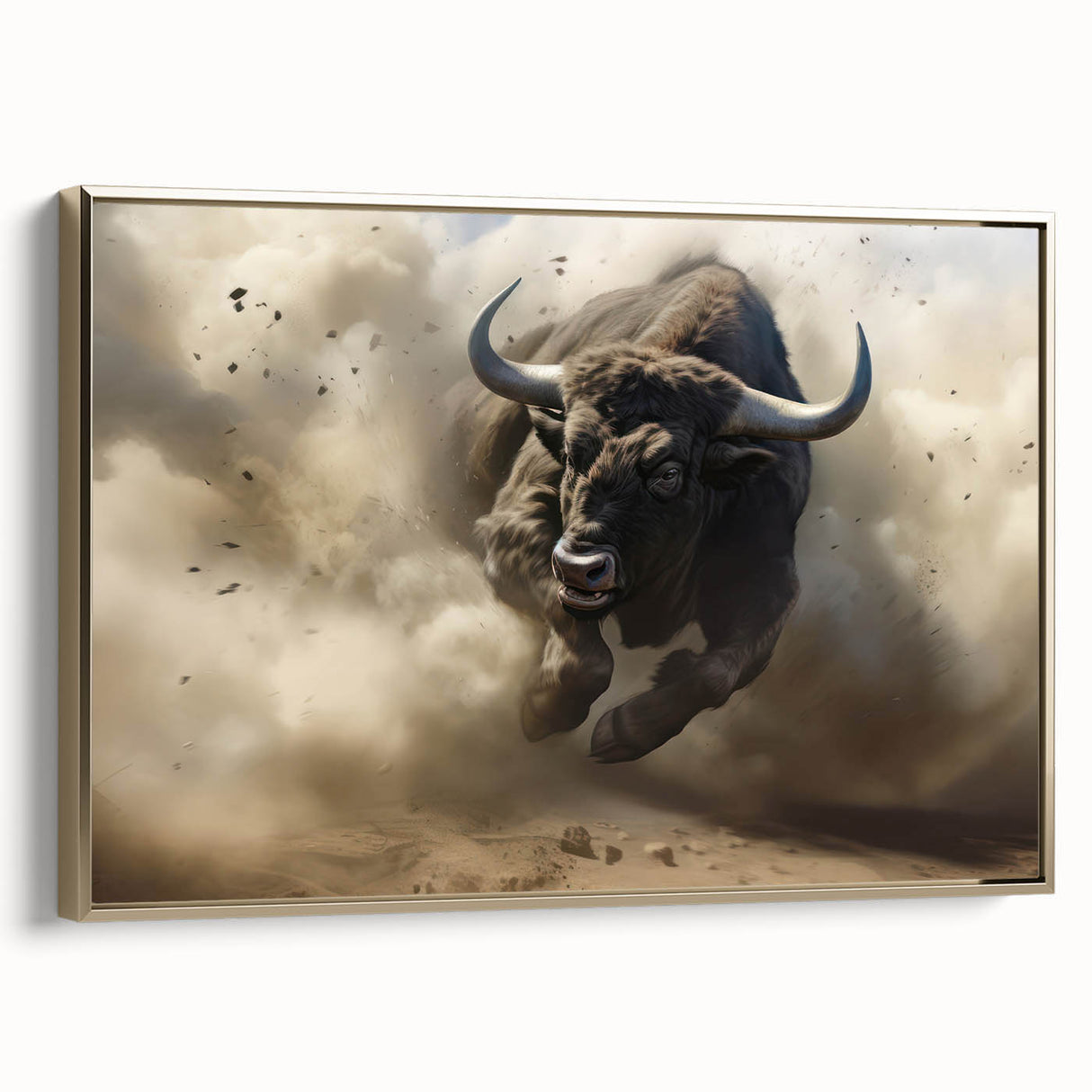 Framed canvas wall art showcasing a majestic buffalo design in gold accents, perfect for nature lovers and home decor enthusiasts, displayed in a stylish side view.