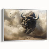 Framed canvas wall art featuring a side view of a majestic buffalo, showcasing intricate bison design details and a white border, perfect for wildlife decor enthusiasts.