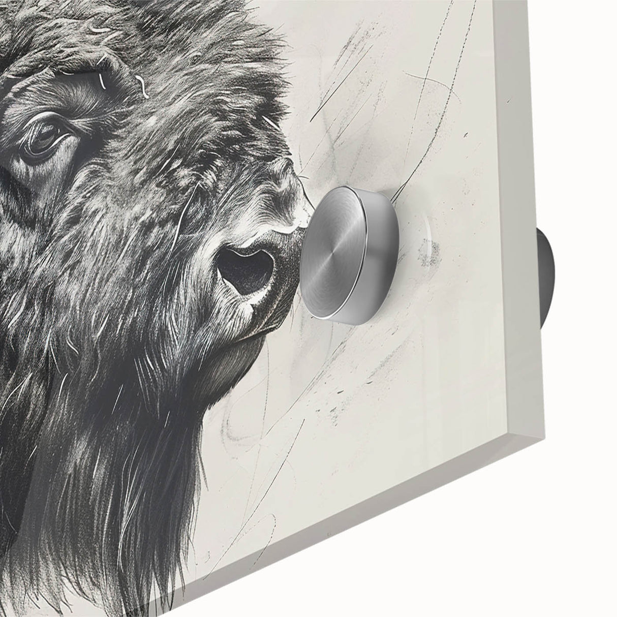 Close-up of a striking buffalo wall art design showcasing intricate details and vibrant colors, printed on high-quality acrylic glass for a modern decor accent. This piece is perfect for animal lovers and enhances any interior space with a touch of wildlife artistry.