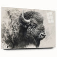 Acrylic glass wall art depicting a side view of a majestic buffalo, showcasing intricate design details and vibrant colors, ideal for wildlife enthusiasts and home décor.
