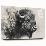 Acrylic glass wall art depicting a side view of a majestic buffalo, showcasing intricate design details and vibrant colors, ideal for wildlife enthusiasts and home décor.