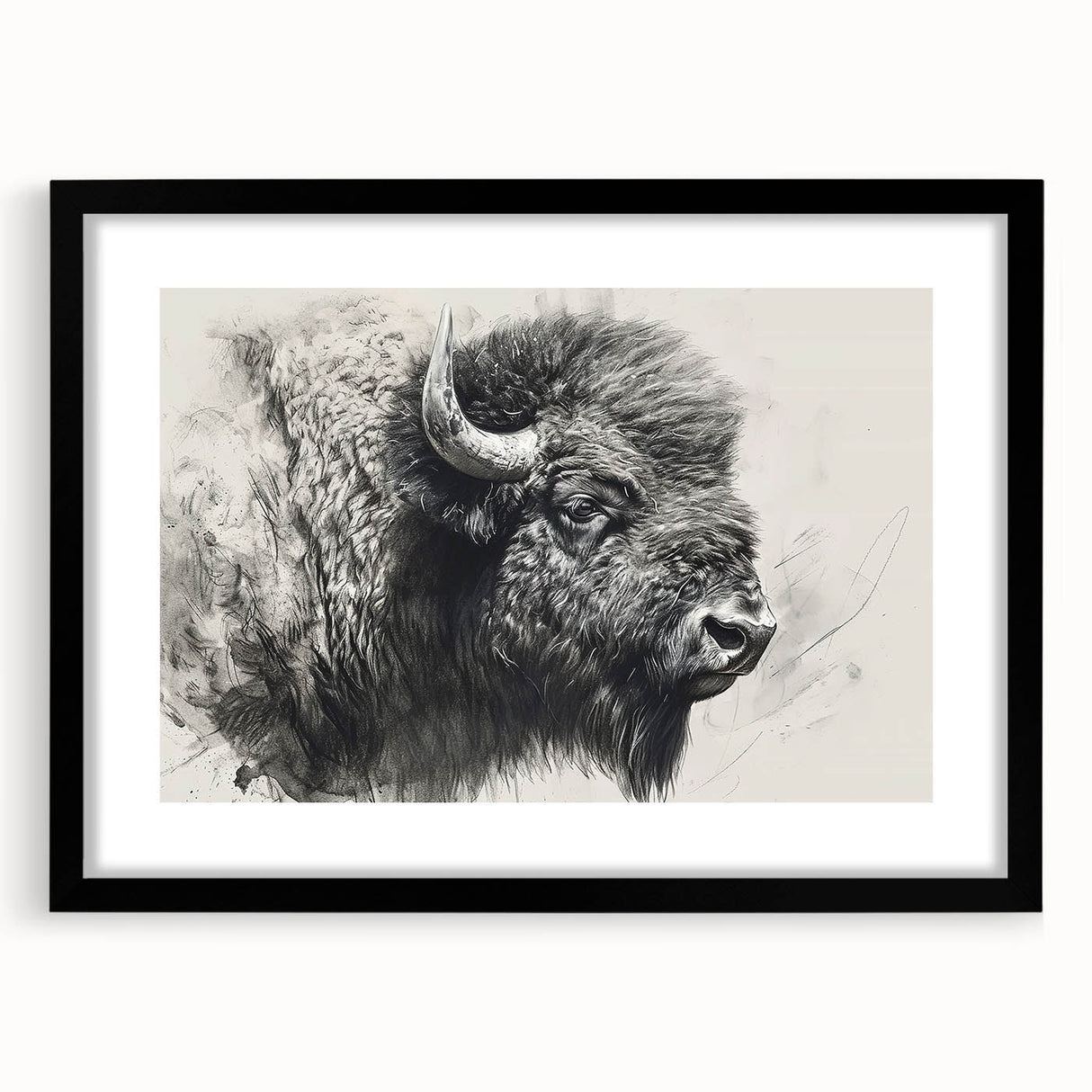 Black-framed wall art featuring a detailed illustration of a buffalo, showcasing intricate design elements and vibrant colors, perfect for wildlife enthusiasts and home decor.