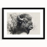 Black-framed wall art featuring a detailed illustration of a buffalo, showcasing intricate design elements and vibrant colors, perfect for wildlife enthusiasts and home decor.