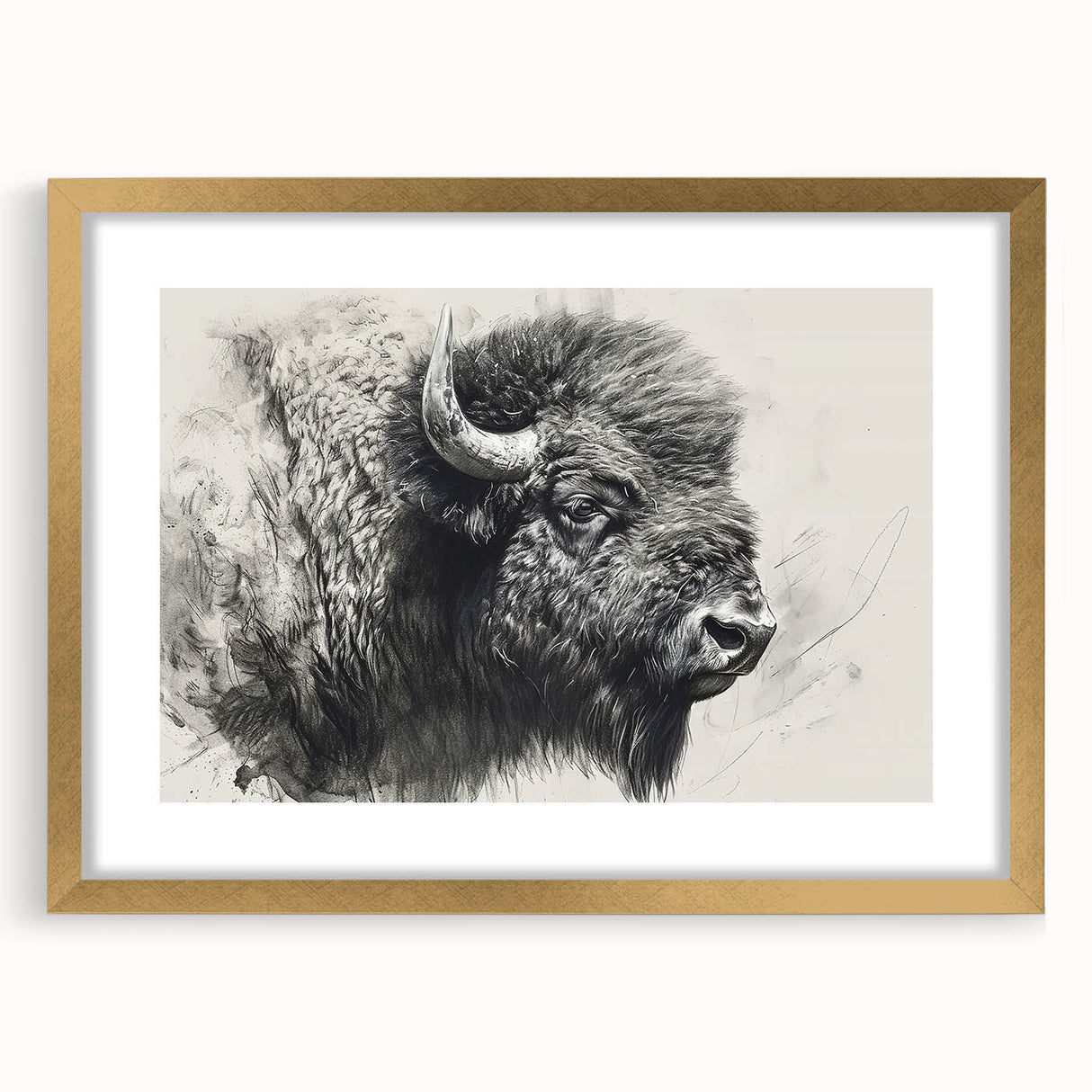 Buffalo wall art design featuring a majestic bison in a gold frame with a mat, showcasing intricate details and vibrant colors, ideal for wildlife enthusiasts.