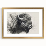 Buffalo wall art design featuring a majestic bison in a gold frame with a mat, showcasing intricate details and vibrant colors, ideal for wildlife enthusiasts.