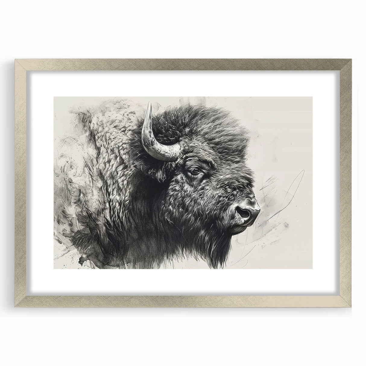 Framed wall art featuring a majestic bison design, set in a silver frame with a mat, perfect for enhancing home decor with a touch of wildlife elegance.