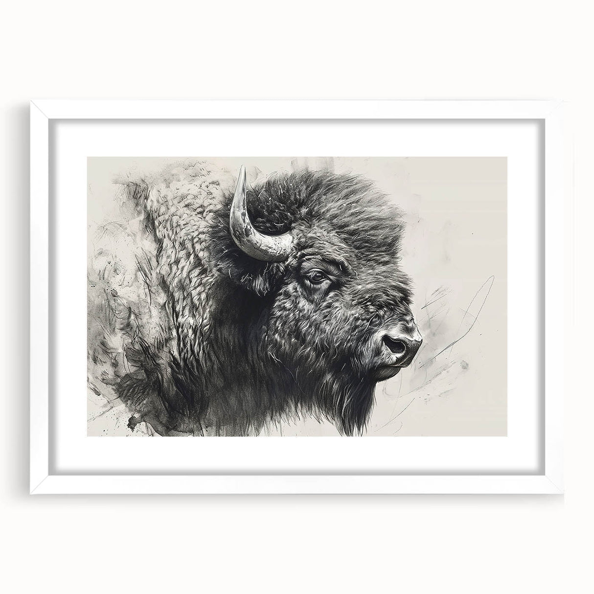 Framed wall art featuring a striking bison design, showcasing intricate details and vibrant colors, set against a white mat and frame, perfect for wildlife enthusiasts.