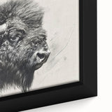 Close-up of a framed canvas wall art featuring a majestic buffalo design with intricate details and vibrant colors, perfect for adding a touch of wildlife decor to any space.