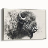 Framed canvas wall art depicting a majestic buffalo in a natural setting, showcasing intricate details and a silver frame, perfect for wildlife enthusiasts.