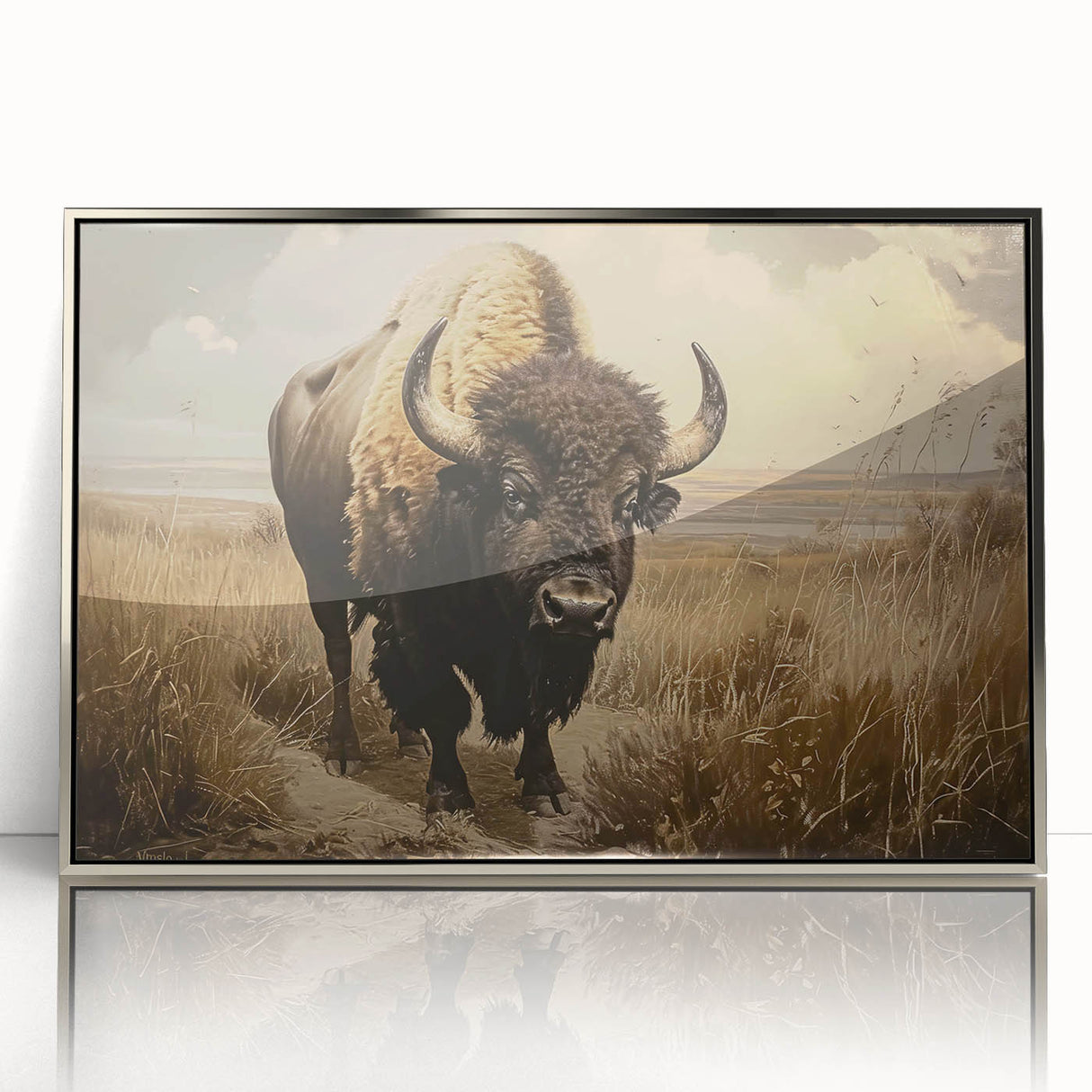 Framed wall art featuring a striking silver-accented buffalo design, showcasing intricate details and vibrant colors, perfect for enhancing modern decor aesthetics.