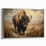 Framed canvas wall art featuring a side view of a majestic buffalo, showcasing intricate design details in silver tones, perfect for wildlife enthusiasts and home decor.