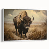 Framed wall art showcasing a side view of a majestic buffalo, capturing its powerful presence and natural beauty, ideal for wildlife enthusiasts and home decor.