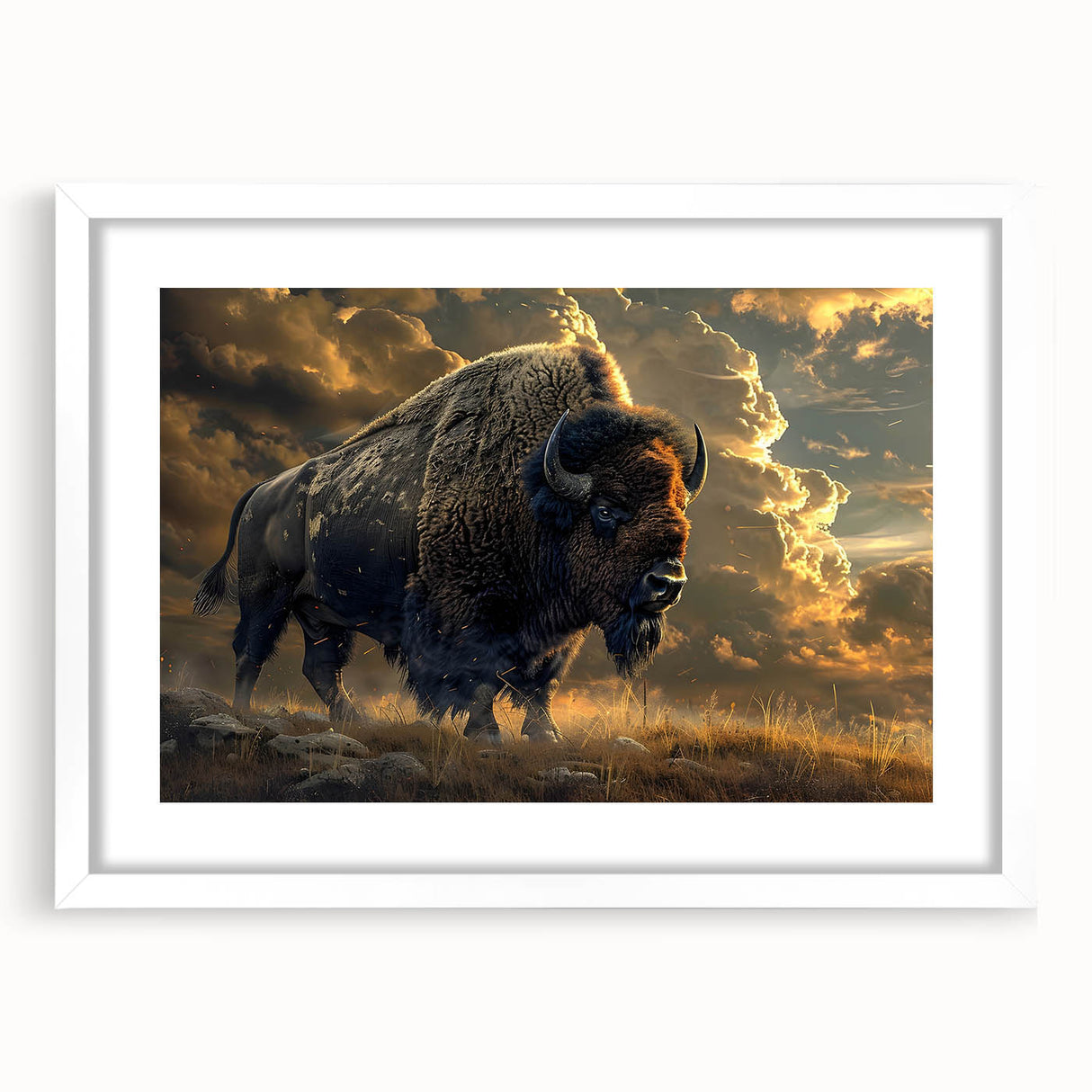 Framed wall art print showcasing a majestic buffalo, designed with intricate details, set in a white mat and frame, ideal for wildlife enthusiasts and home decor.