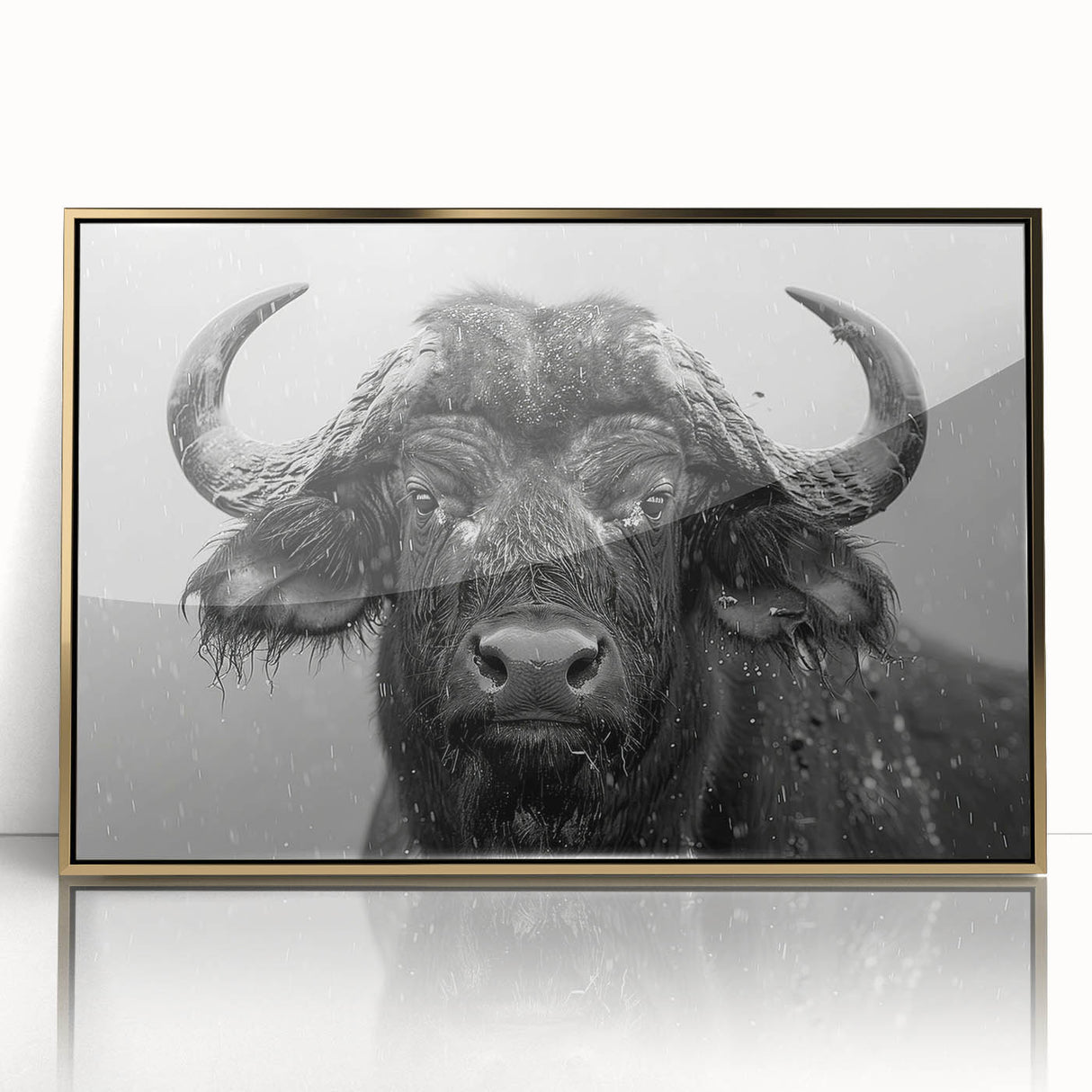 Framed wall art featuring a stunning design of a buffalo, showcasing intricate details and a gold-accented frame, perfect for wildlife enthusiasts and home decor.